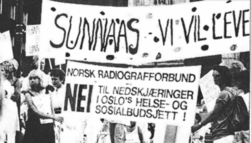 Oslo fylkeskrets deltok i demonstrasjonstoget mot Oslo kommunes fremlagte budsjett i 1988. (Bildet fra bladet Oslo fylkeskrets, juni 1988)